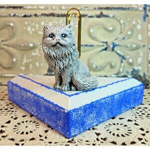 Vintage Signed Handcrafted & Painted Spongeware Ceramic Desk Note Clip Cat Theme